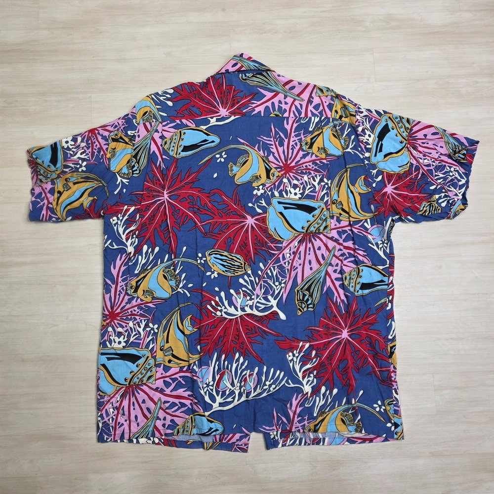 Reyn Spooner Joe Kealoha Mens Large Hawaiian Shirt Rayon Tropical Fish Blue Red - Picture 2 of 7